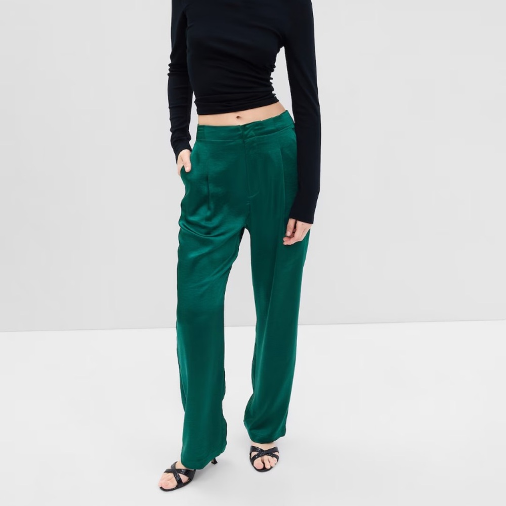 Emerald Green High Rise Pleated Satin Trousers Size 12 NWT